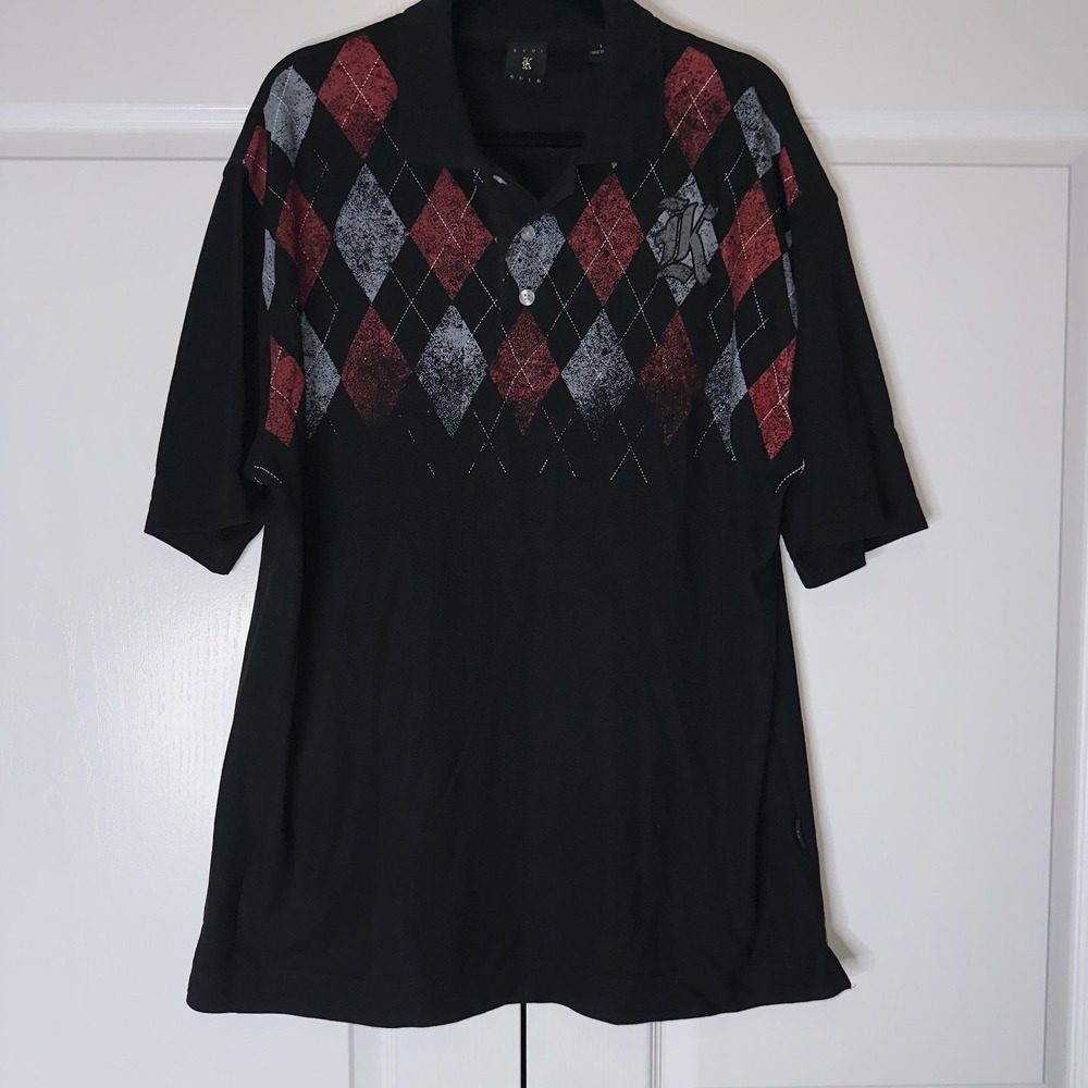 Kani Gold Polo Shirt Mens Large Black Argyle Diamond Logo Short Sleeve Casual